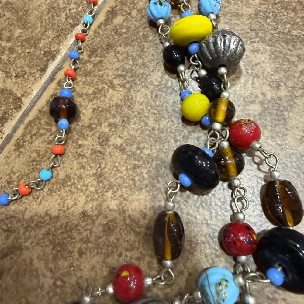Vintage Multi Strand Glass Bead Statement Necklace Colorful Boho 60s 70s Style
